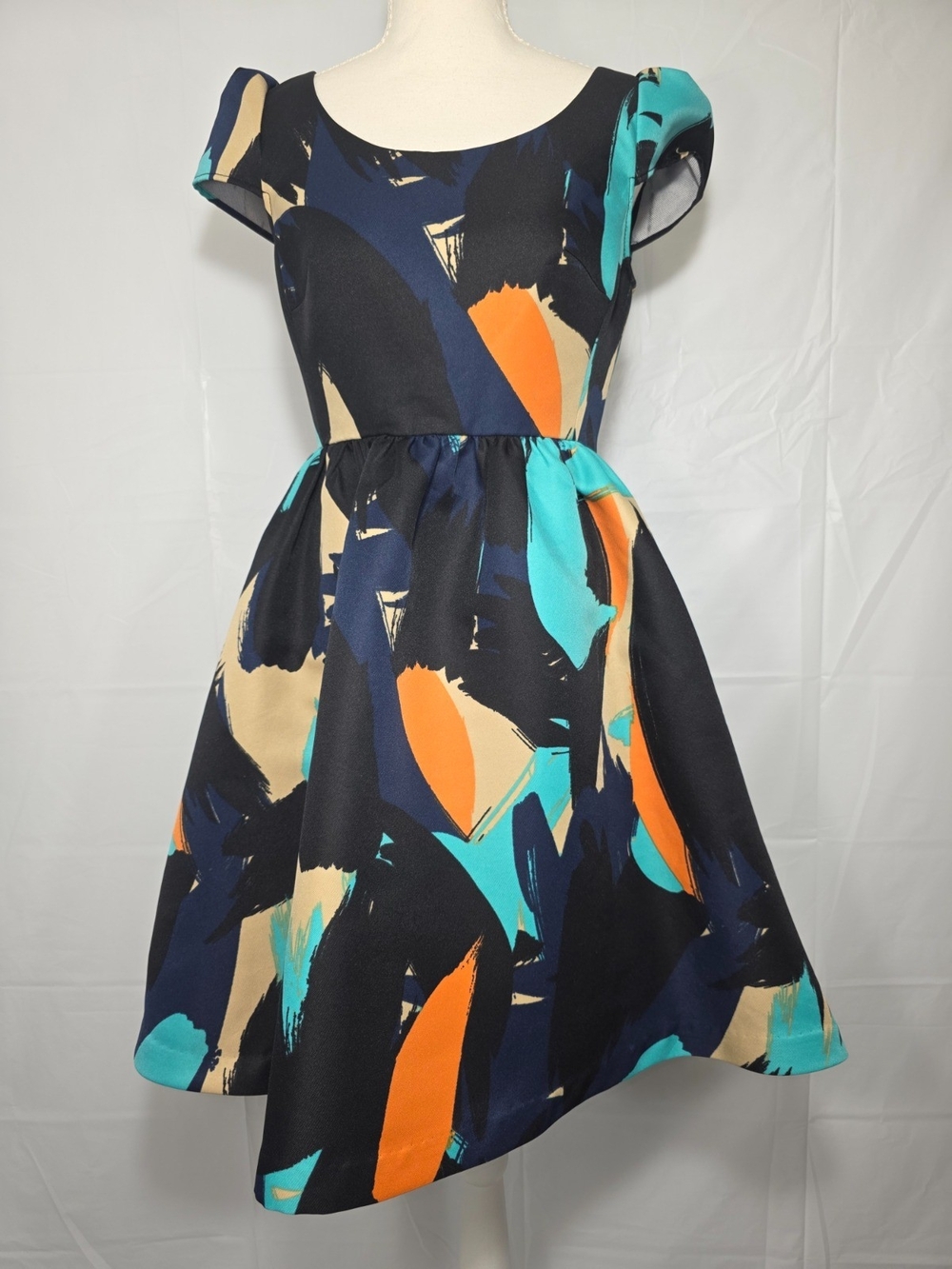 Moulinette Soeurs Black Abstract Print Dress with Teal & Orange Accents